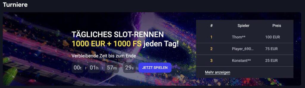 Slot Rennen Turnier, bei dem man bis zu 1000€ und Freispiele gewinen kann.