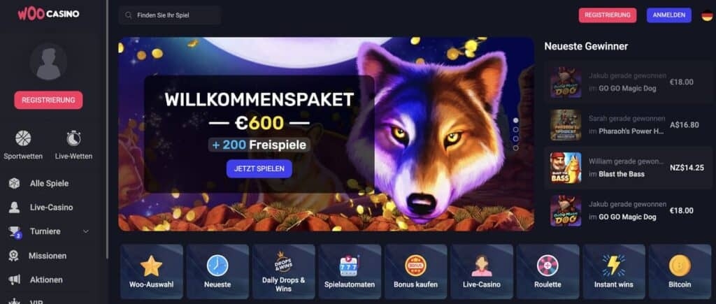 Willkommenspaket Bonus in Höhe von bis 1000€ im Woo Casino.