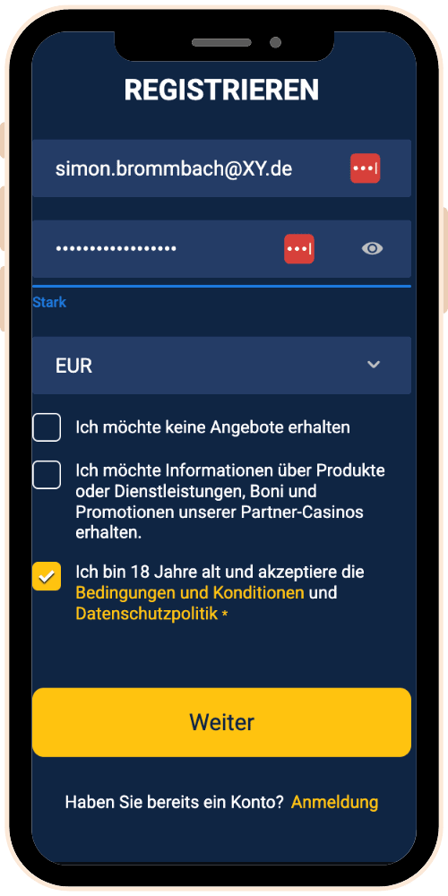 Schritt 1 der Registrierung bei Jackpoty.