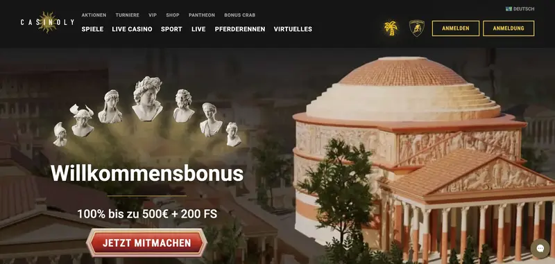 Casinoly Casino Startseite mit Willkommensbonus.