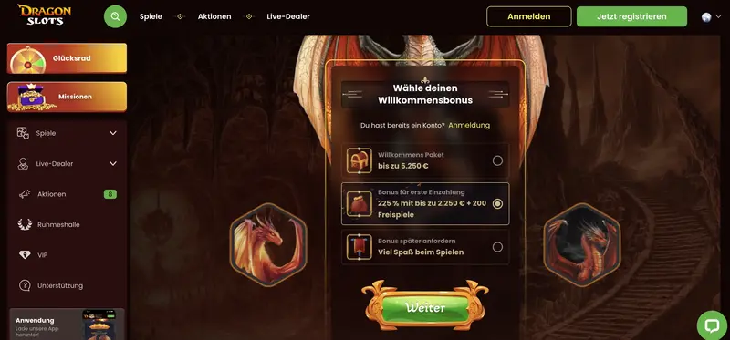 Dragon Slots Casino Bonussystem für Neuanmeldungen.