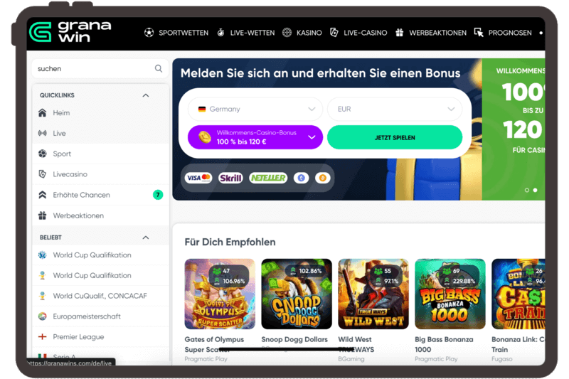 Die Startseite mit dem Willkommensbonus vom Granawin Casino.