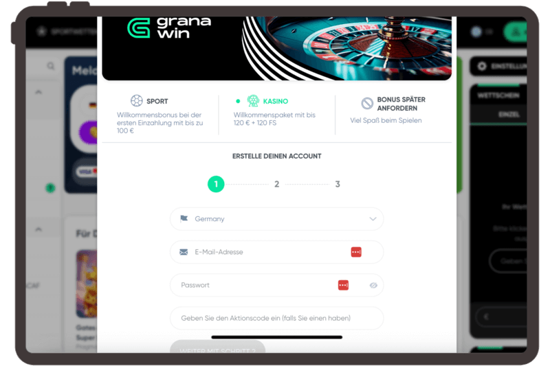 Das Registrierungsformular fürs Granawin Casino.