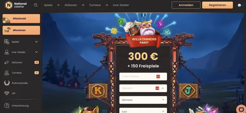 National Casino 300€ Willkommensbonus und Registrierungsformluar.
