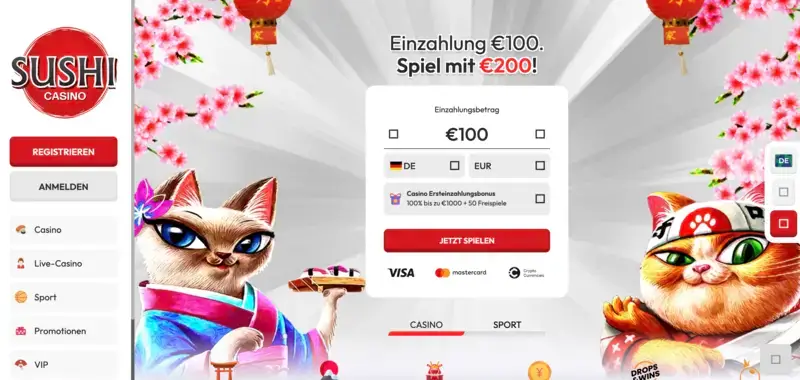 Zahle 100€ ein, sichere dir 200€ Bonus im Sushi Casino.